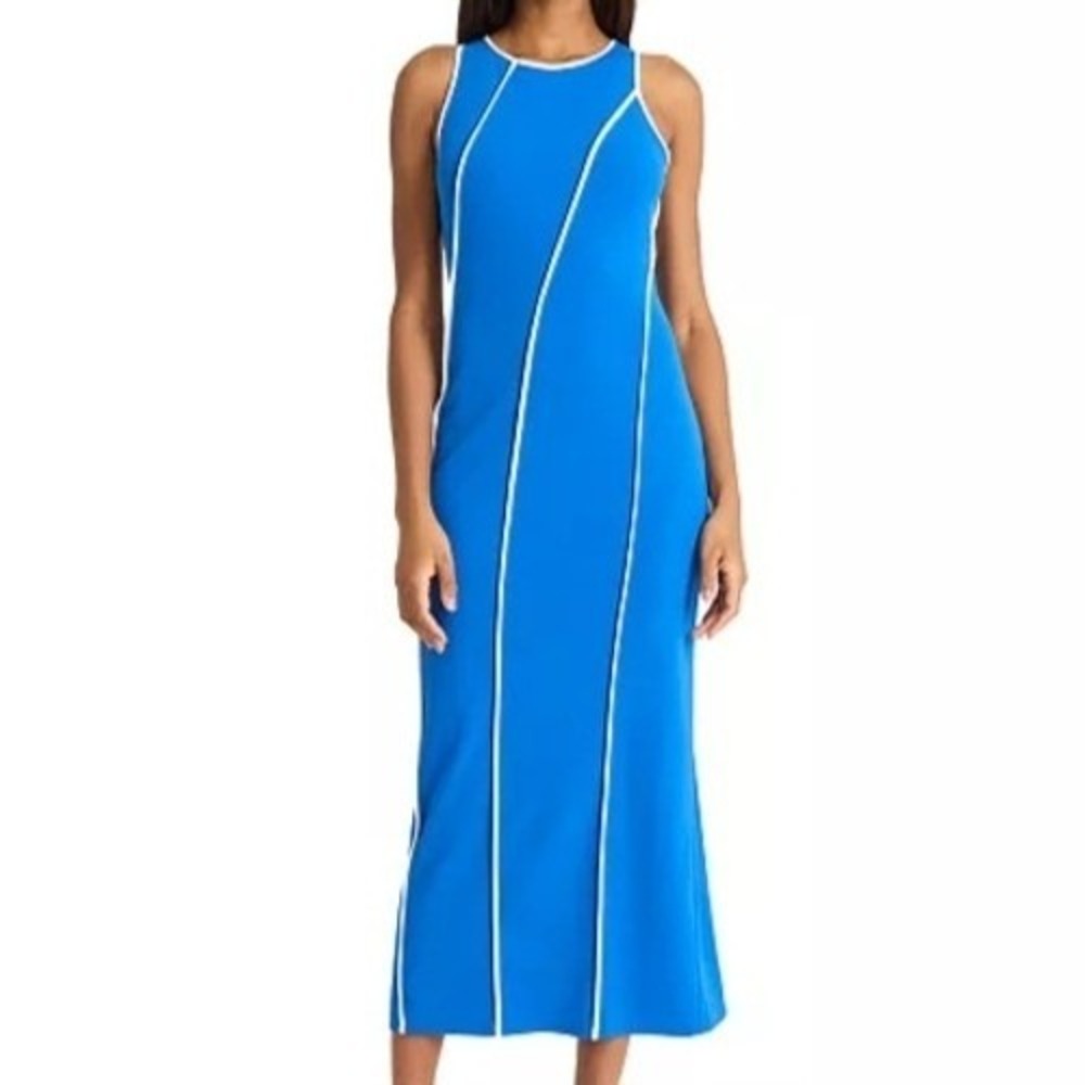 Donna Morgan Piped Seam Sheath Blue Sleeveless Stripe Bodycon Dress Womens 6 NWT